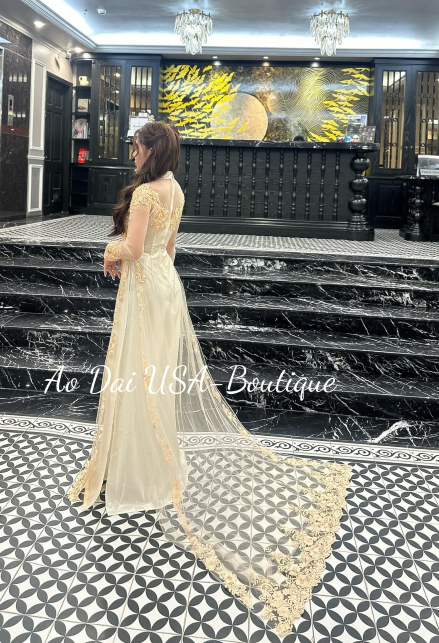 Set Ao Dai Triple layers Design with Crystal Cream Color / G388