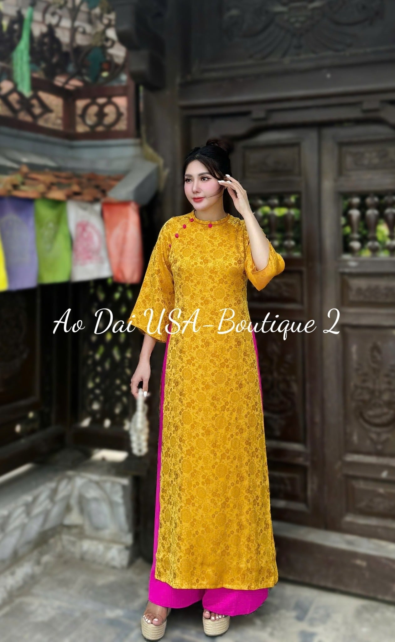 Yellow Ao Dai Cach Tan Set: Modern Vietnamese Dress with Pink Pants / CT227
