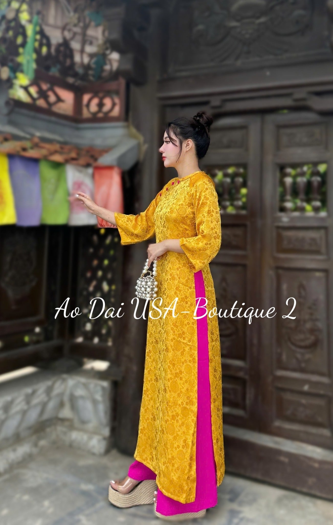 Yellow Ao Dai Cach Tan Set: Modern Vietnamese Dress with Pink Pants / CT227