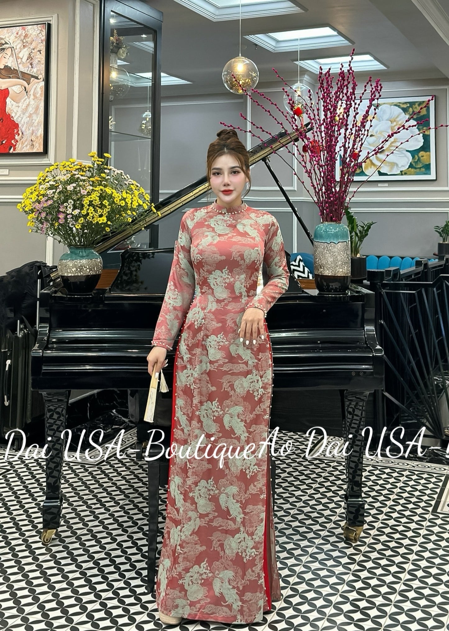 Red Thai Tuan Ao Dai Dressl Traditional Vietnamese Long Dressl Ao Dai Truyen Thong Viet Naml No pants/ G311