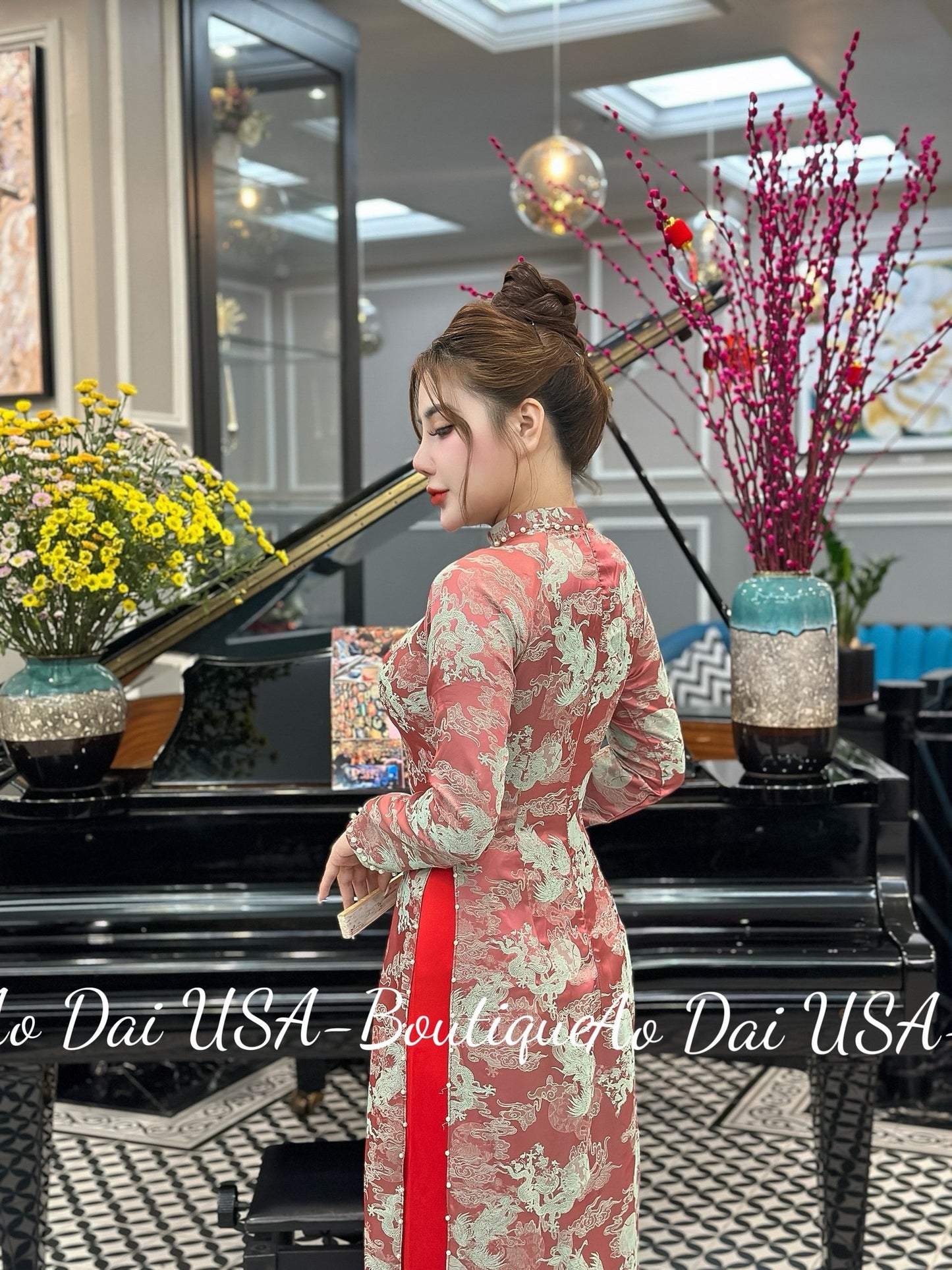 Red Thai Tuan Ao Dai Dressl Traditional Vietnamese Long Dressl Ao Dai Truyen Thong Viet Naml No pants/ G311