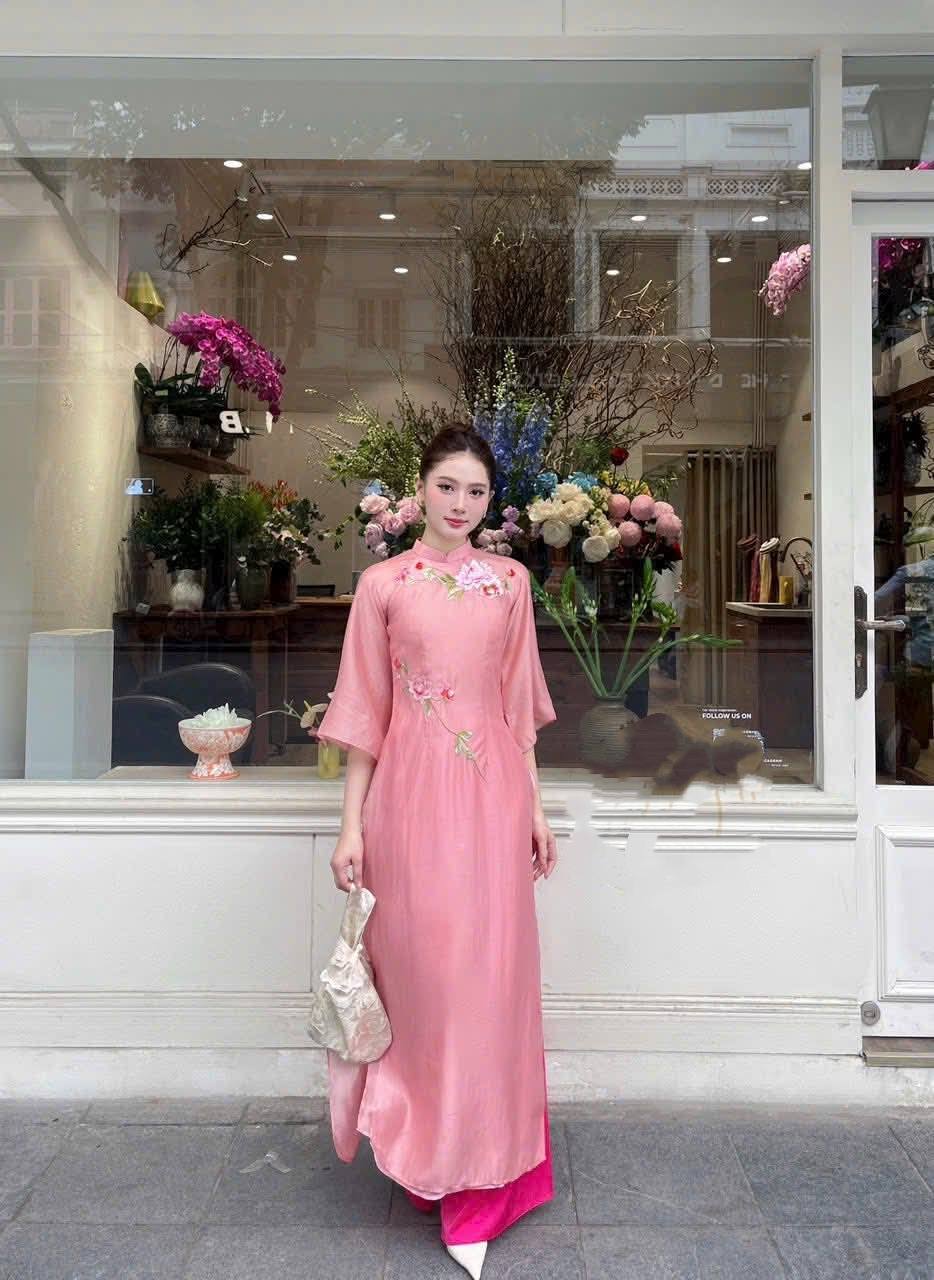 Pink Ao Dai Cach Tan: Embroidered Flower Design with Hot Pink Pants CT240