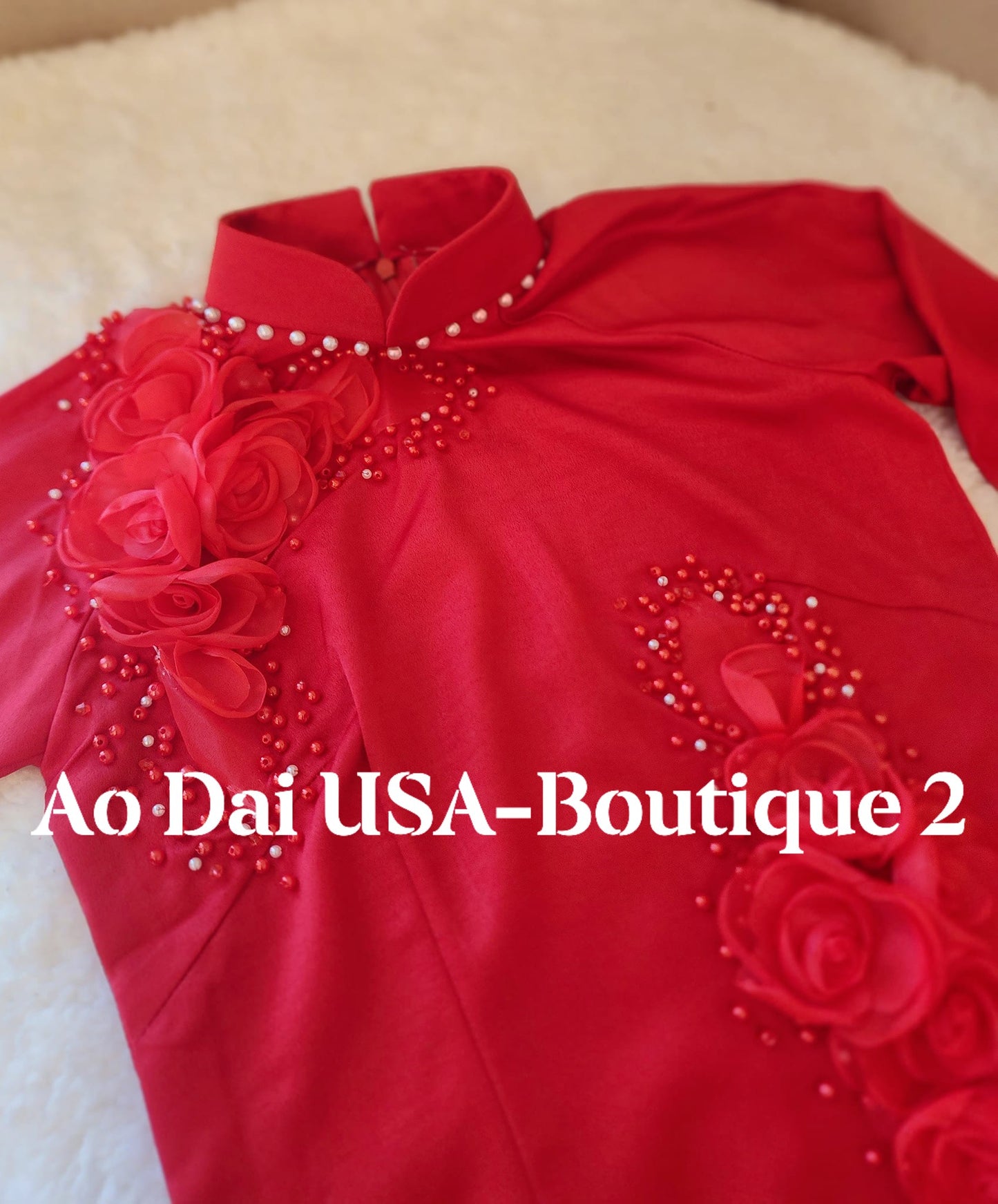 Red Ao Dai Lụa Tay Thi Set: Vietnamese Traditional Dress with White Pants CT255