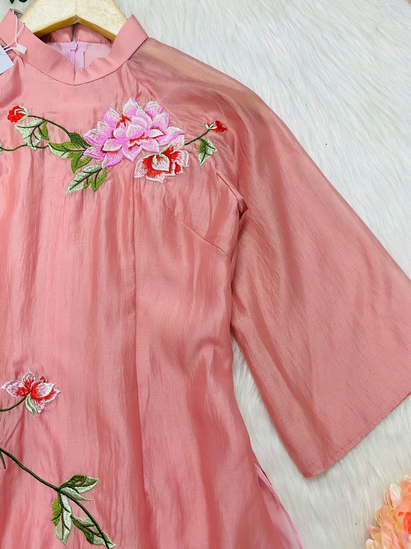Pink Ao Dai Cach Tan: Embroidered Flower Design with Hot Pink Pants CT240