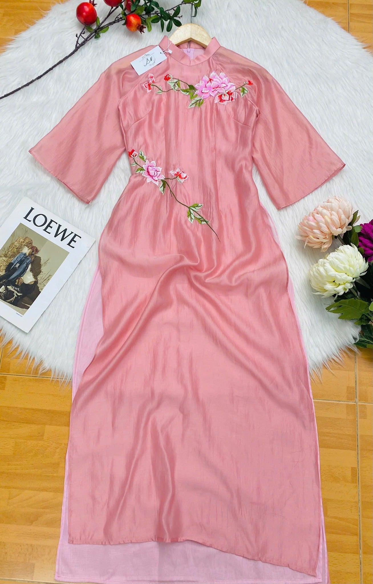 Pink Ao Dai Cach Tan: Embroidered Flower Design with Hot Pink Pants CT240