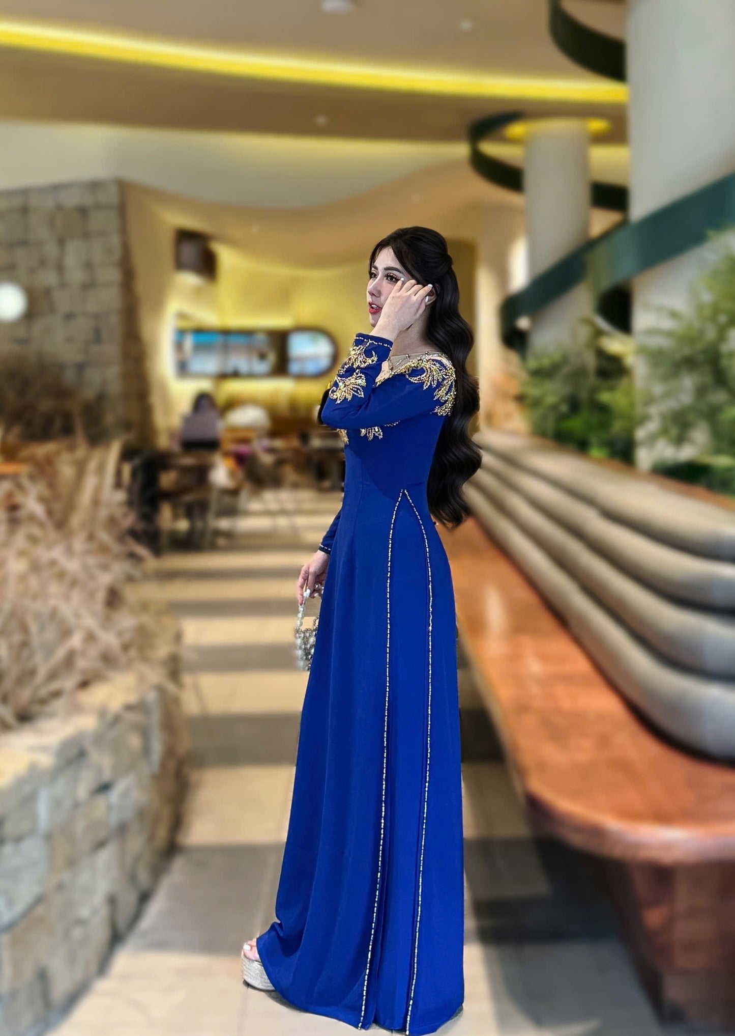 Set Ao Dai Chiffon Double Layers Design with Crystal/Blue Color Ao Dai For Her/Traditional dresses Vietnamese Ao Dai/ Pants included/ TK46