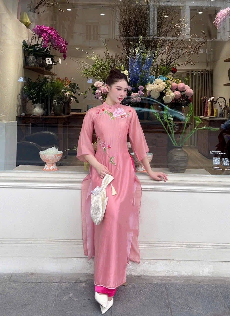 Pink Ao Dai Cach Tan: Embroidered Flower Design with Hot Pink Pants CT240