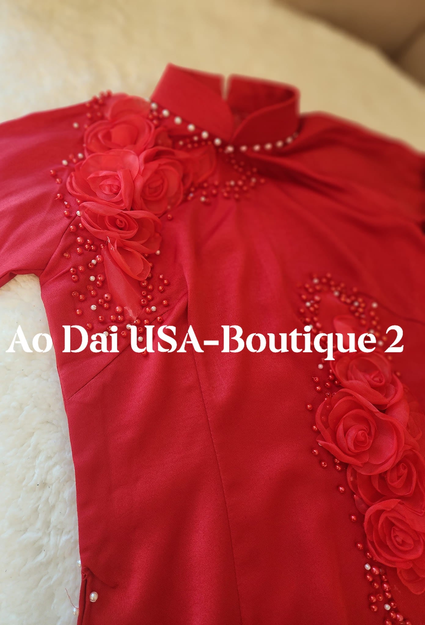 Red Ao Dai Lụa Tay Thi Set: Vietnamese Traditional Dress with White Pants CT255
