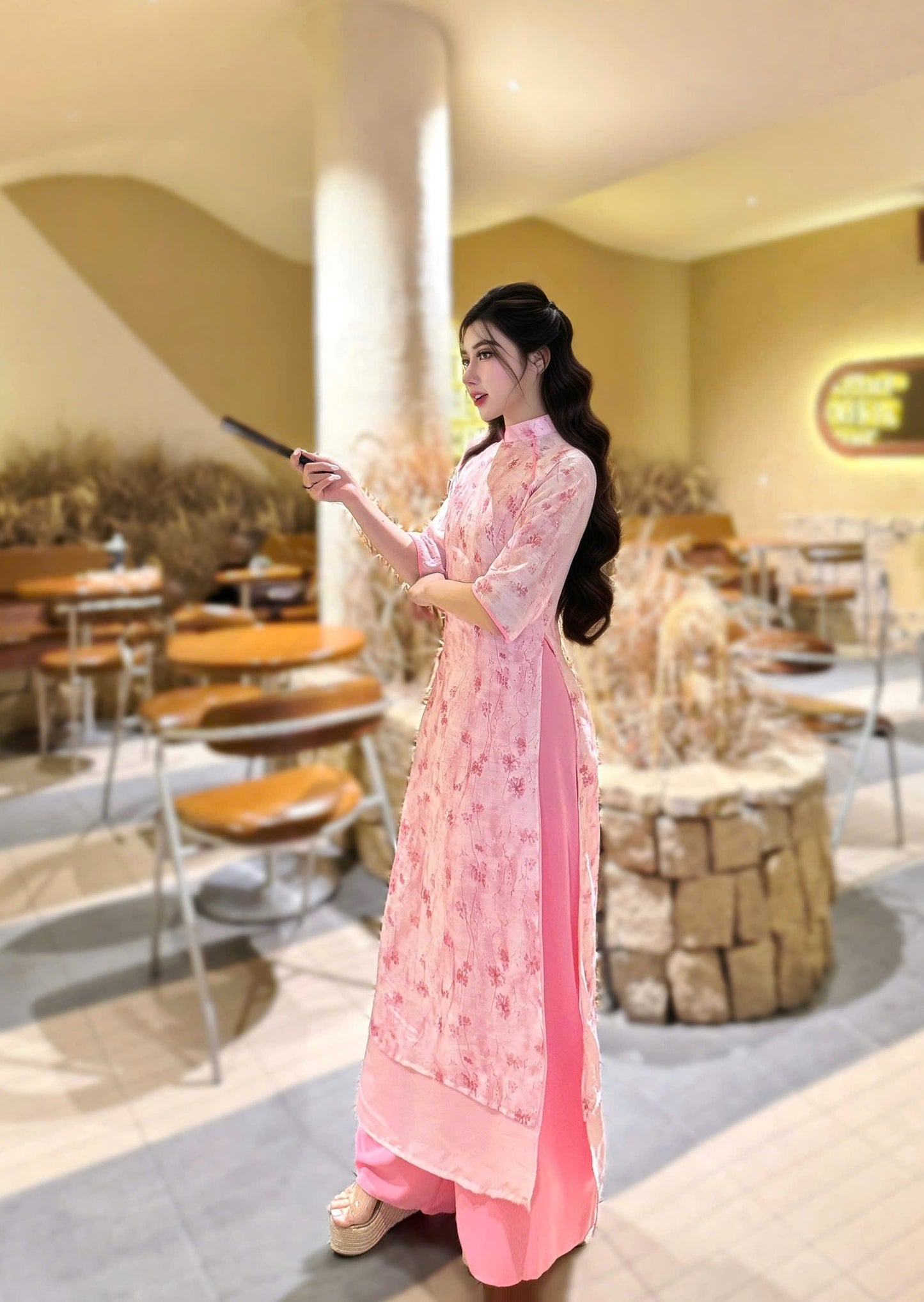 Pink Ao Dai Set: Modern Vietnamese Dress with Pants/ CT252