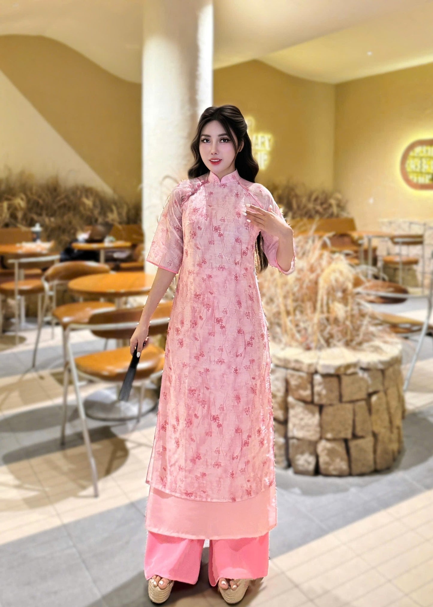 Pink Ao Dai Set: Modern Vietnamese Dress with Pants/ CT252