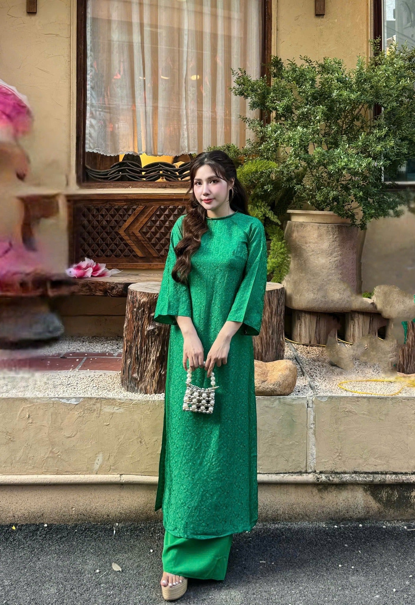 Green 100% Mulberry Silk Ao Dai Dress Set, Ao Dai For Women, TT79