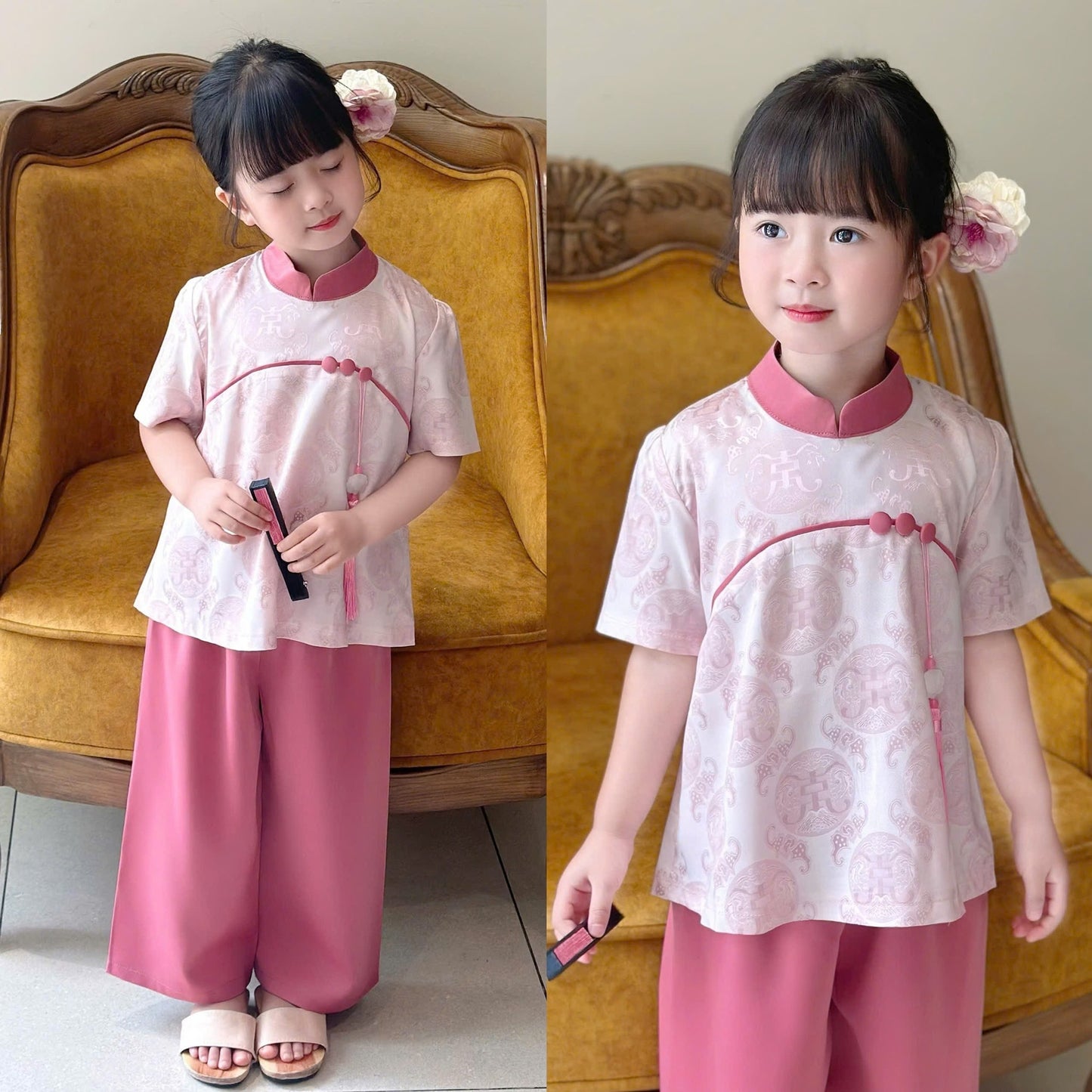 Girls Floral Ao Ba Ba Cach Tan/ Vietnamese Lunar New Year Outfit G342/ PINK