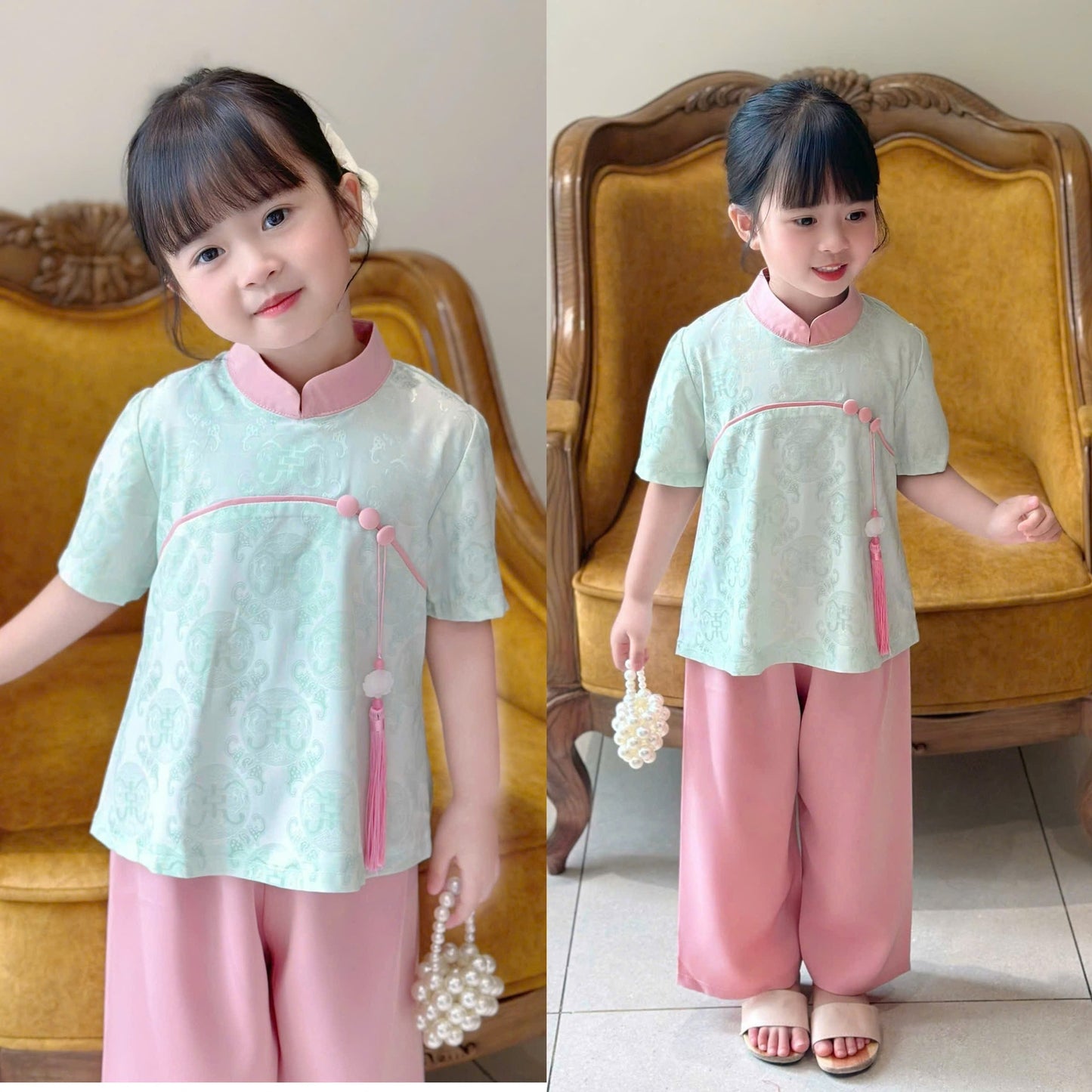 Girls Floral Ao Ba Ba Cach Tan, Vietnamese Lunar New Year Outfit G342 GREEN