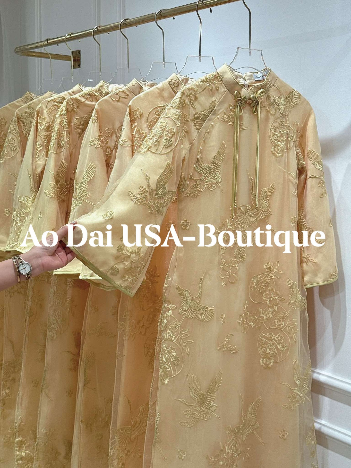 Pre-made Ao Dai Elegant Golden Modern– Soft Sheer Silk Floral Weave with Flowing Organza CT291