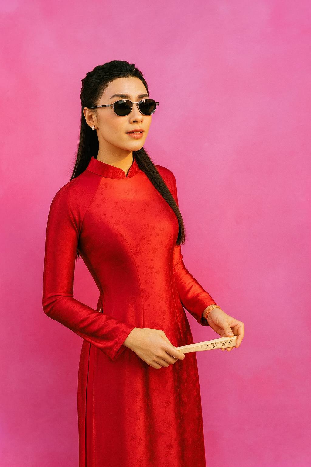 Ao Dai Lua Tơ Tam Ha Nam/ Vietnamese Traditional Long Dress with Red Pants B16