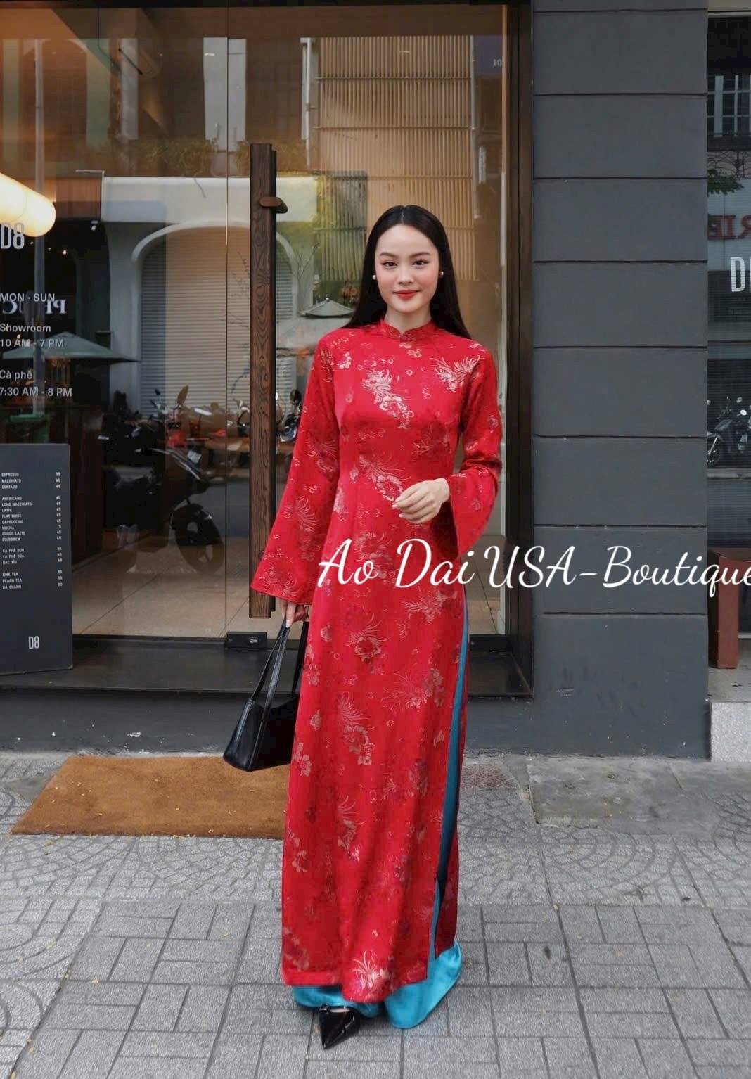 Set Ao Dai Gấm Van So red Color/ Vietnamese Traditional Long Dress with blue Pants TT77