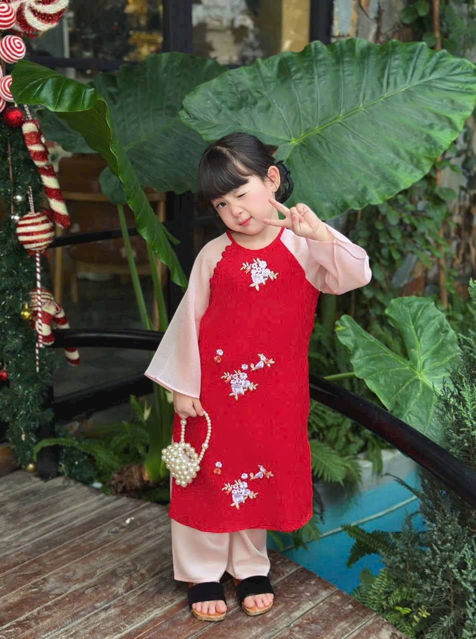Red Matching Mom & Daughter Red Ao Dai Set Embroidery Spring flowers/B105