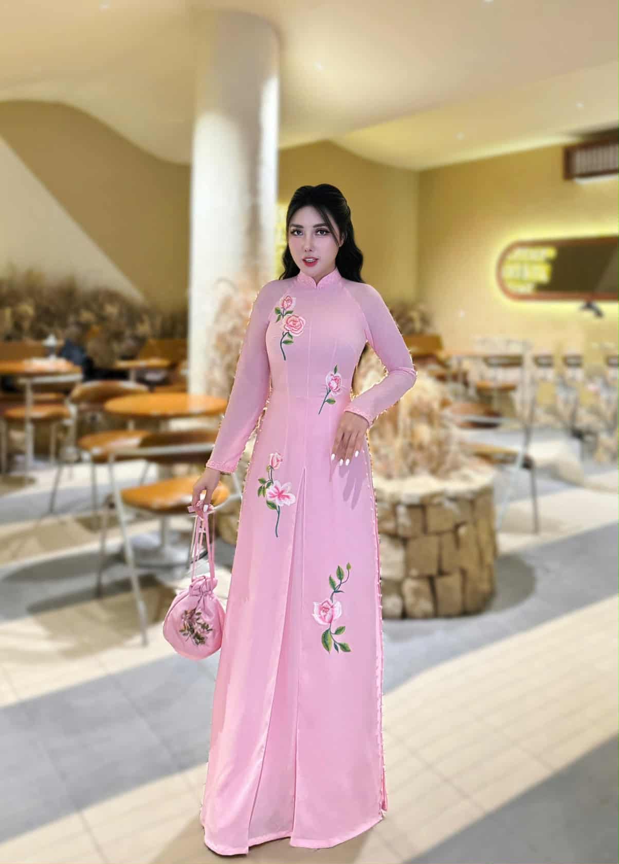 Embroidered Chiffon Ao Dai: Vietnamese Traditional Dress with Crystal DS24