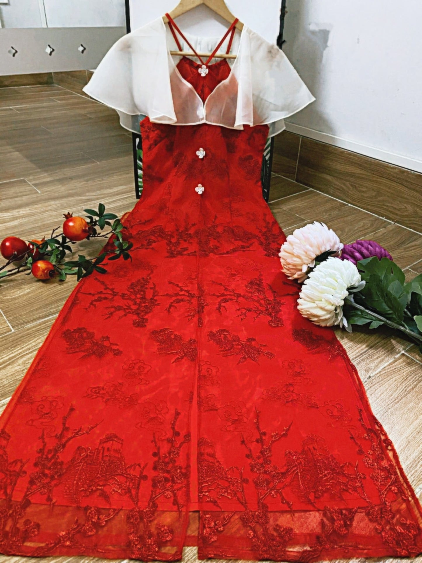 MAi HOA Ao Dai Co Yem Kem Ao Choang/Vietnamese Traditional Long Dress With white Pants B255