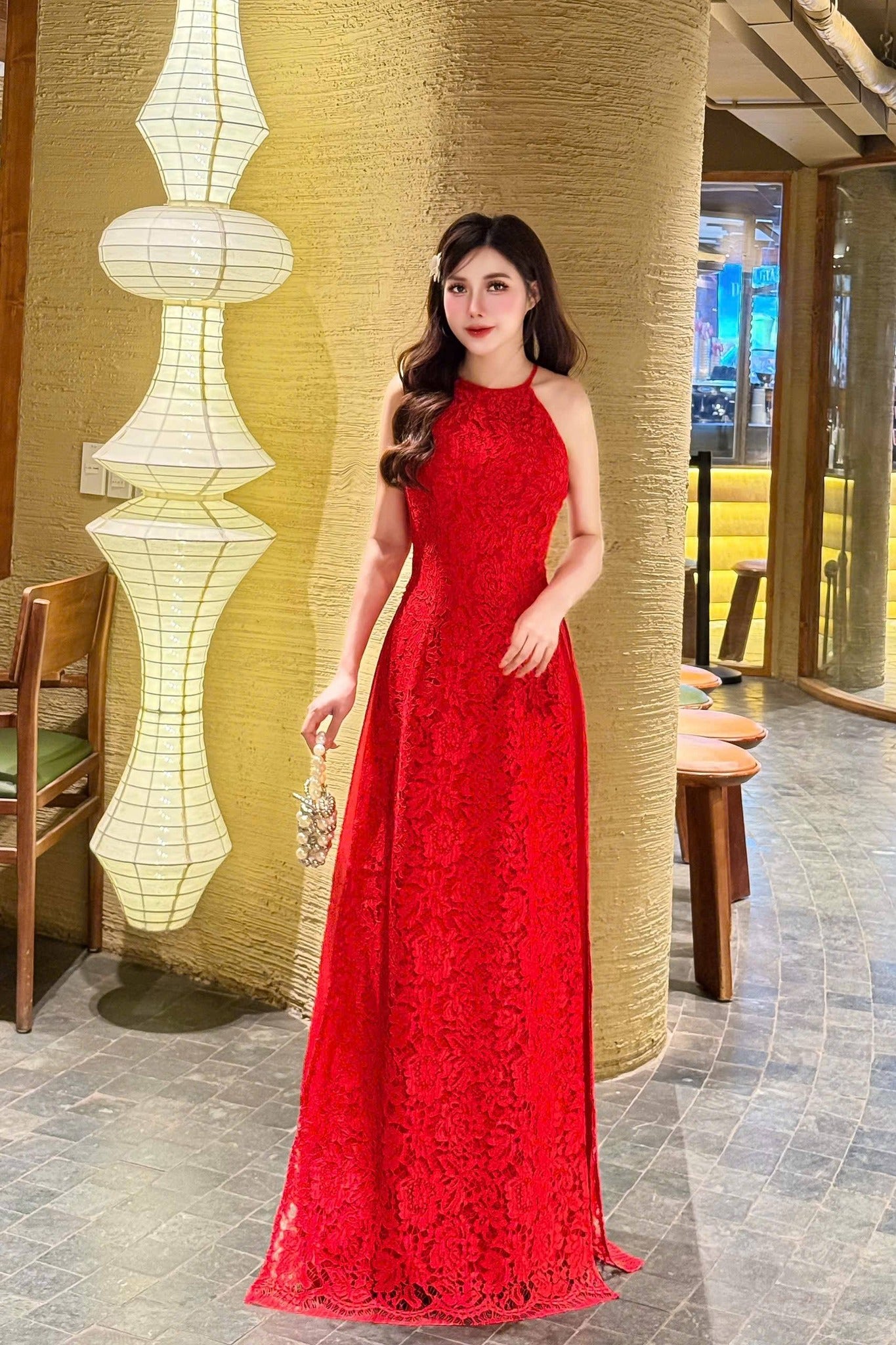 Set Ao Dai Ren Cao Cap/ Set includes a shoulder overlay that can be styled in three different ways with Red Pants/B254