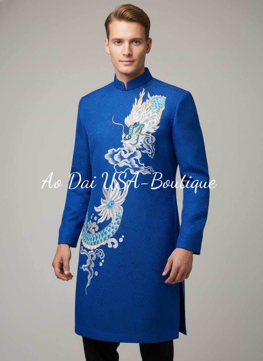 Blue Ao Dai for Men/Embroidered Dragon Ao Dai/ TTP
