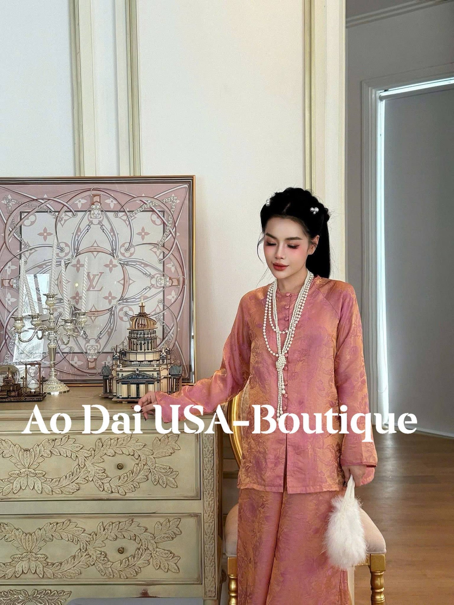 Ao Ba Ba Set: Modern Vietnamese Phap Phuc with Pants/ Pink Color/ To Tam Tencel /G348