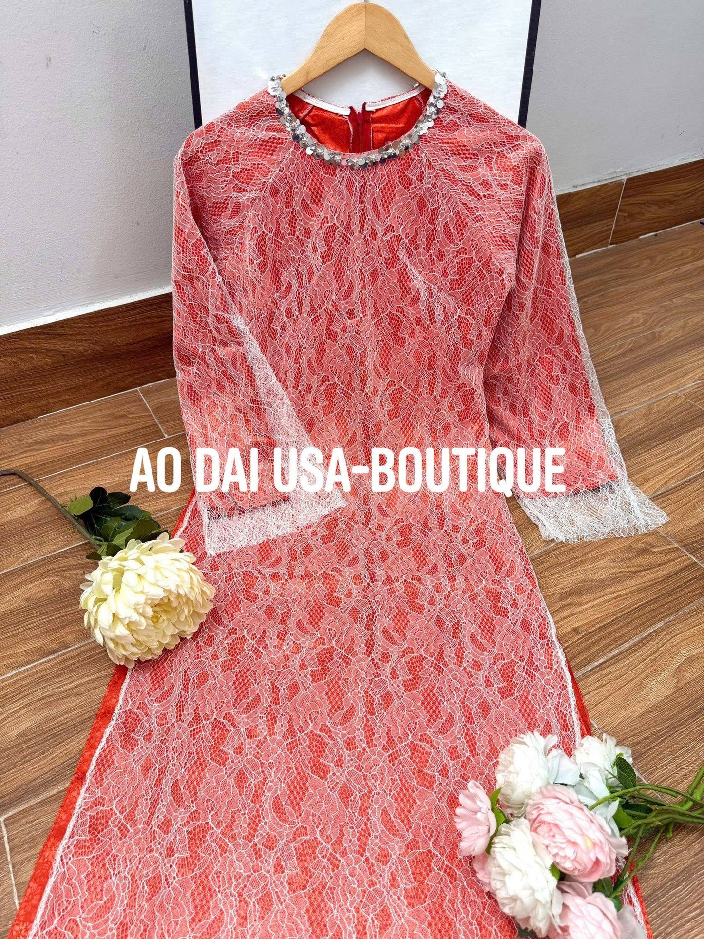 Set Ao Dai Lua Phoi Lace// Velet Siliver Pants/ B253