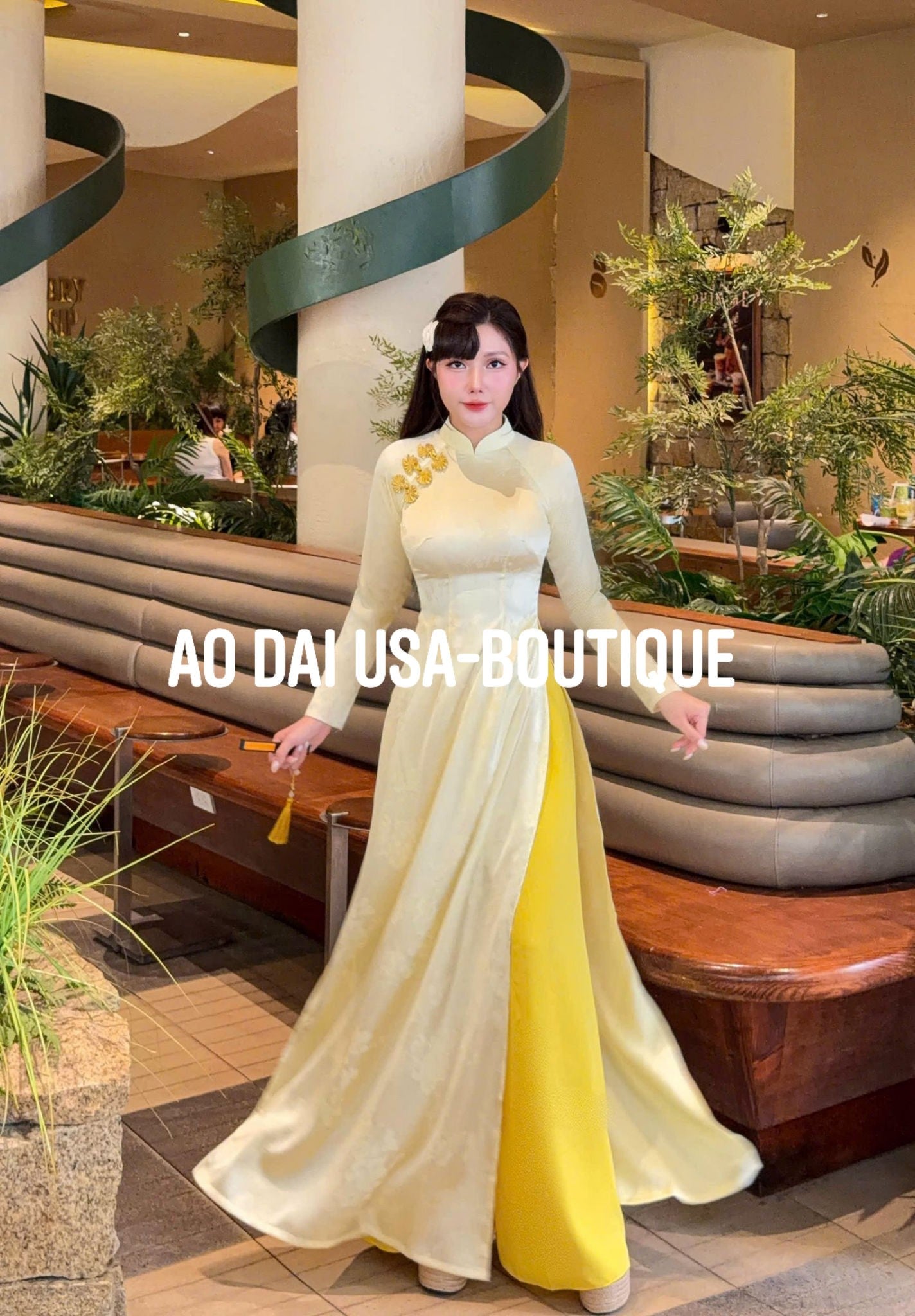DIEC PHI Ao Dai Lua To Tam Tuyet Lien Light Yellow Color/TT19