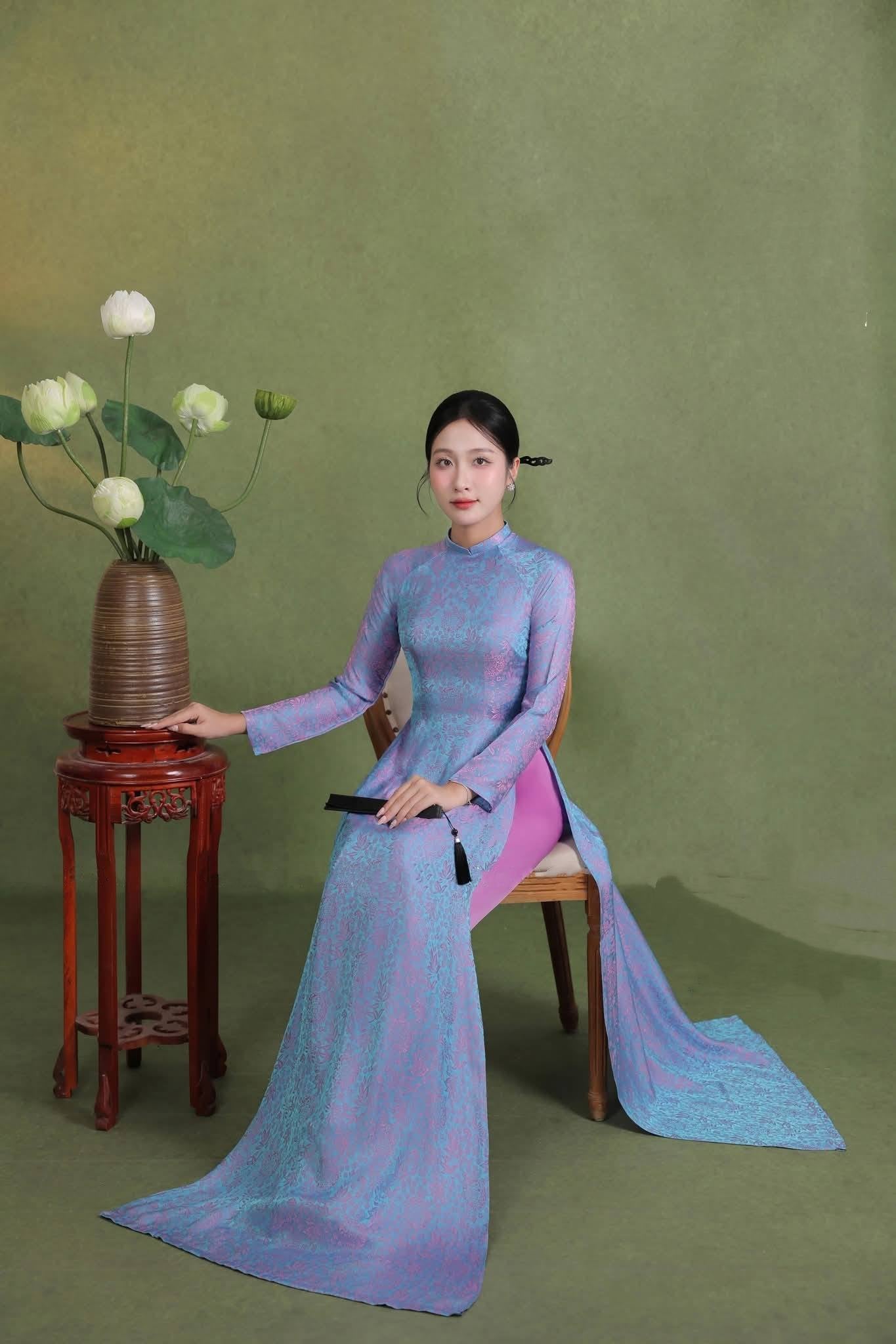 ANH SAO Set Ao Dai Lụa Tô Châu Design For Women Blue Color/ Traditional Long dresses Vietnamese/ pants included/ TT75