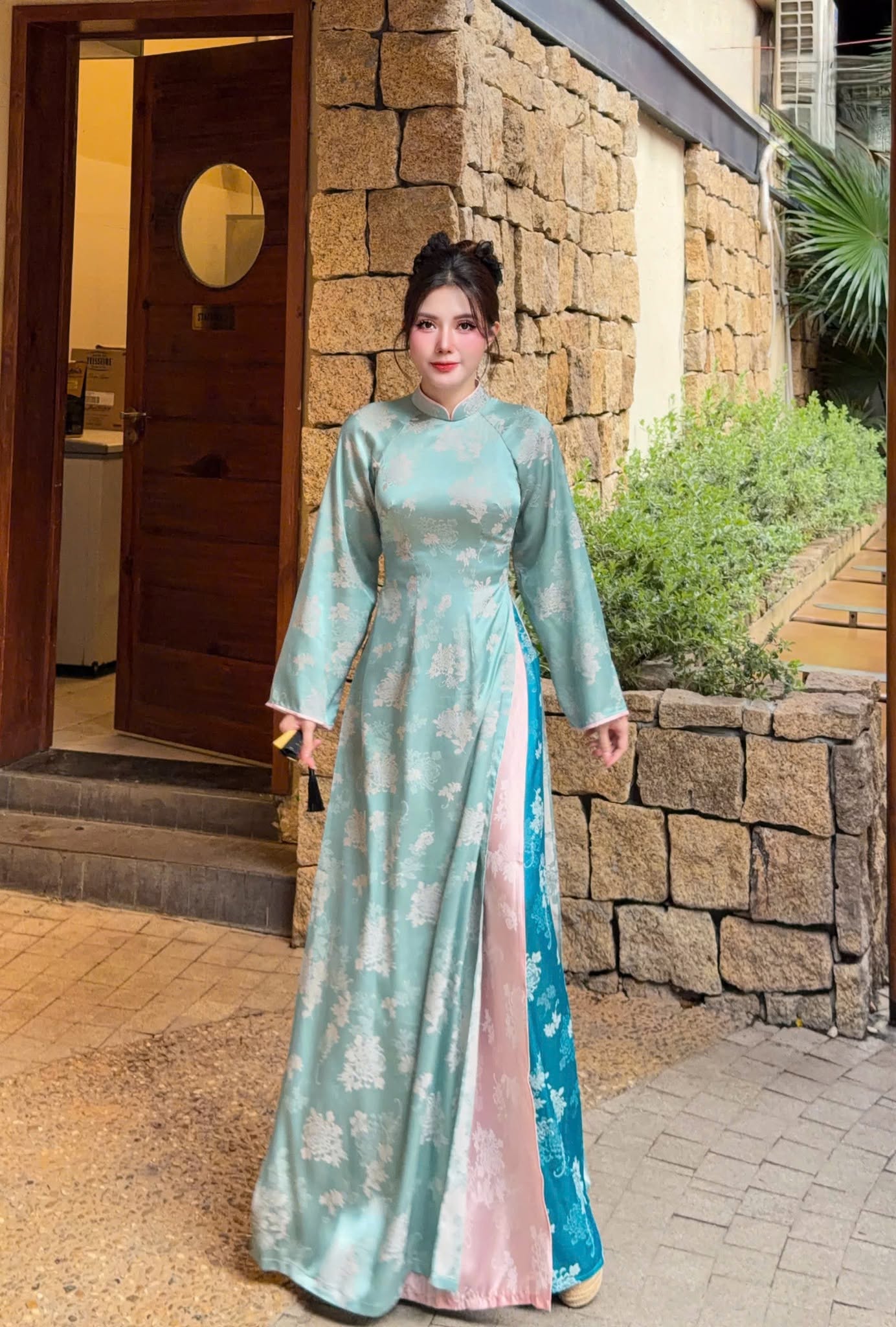 ANH HOA Set Ao Dai Gam Ha Nam Design For Women Light Blue Color/ Traditional Long dresses Vietnamese/Blue pants included/CT284