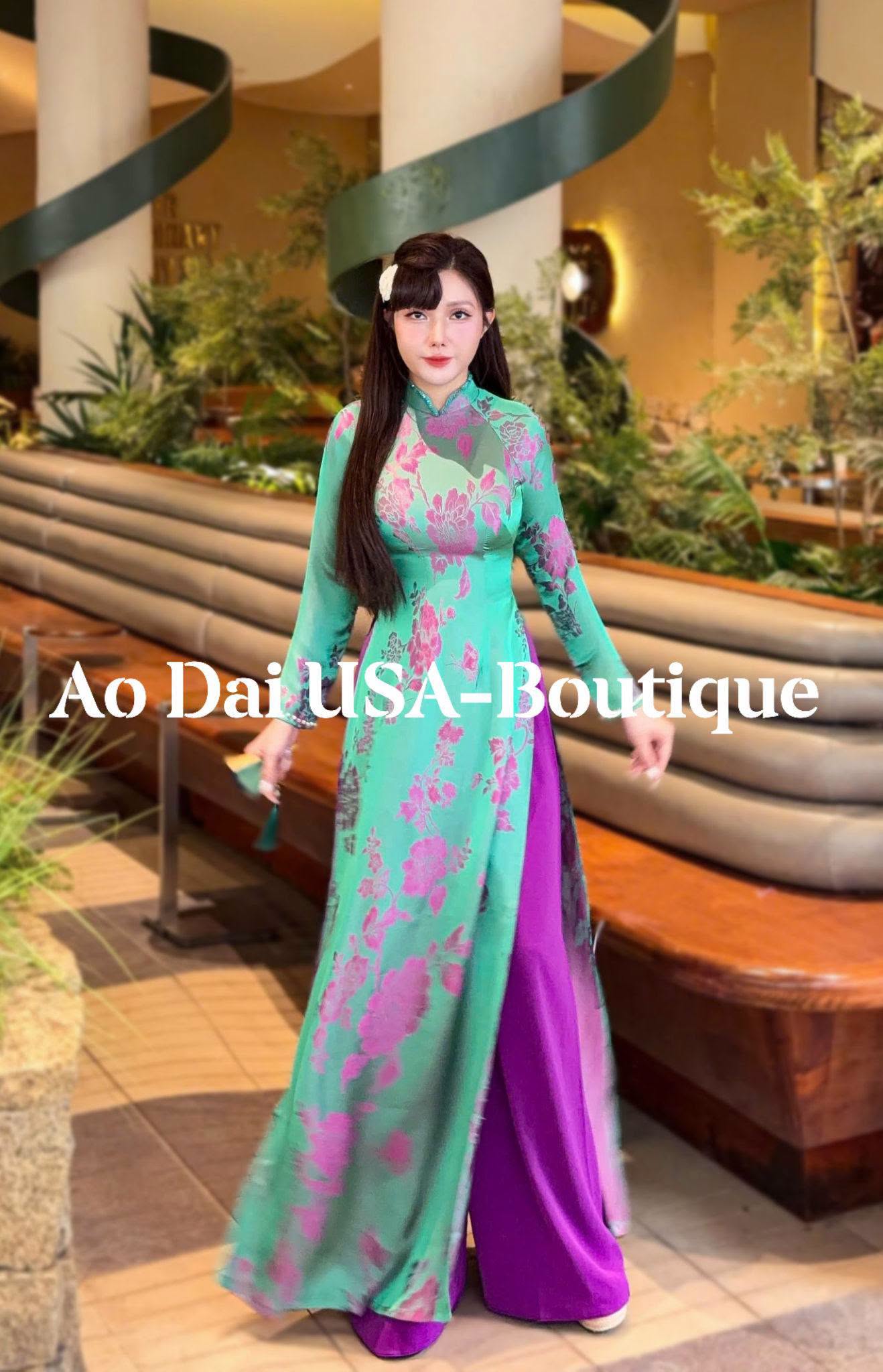 ANH XANH Set Ao Dai Gam Jade Green Floral Ao Dai with Purple Pants/ B95