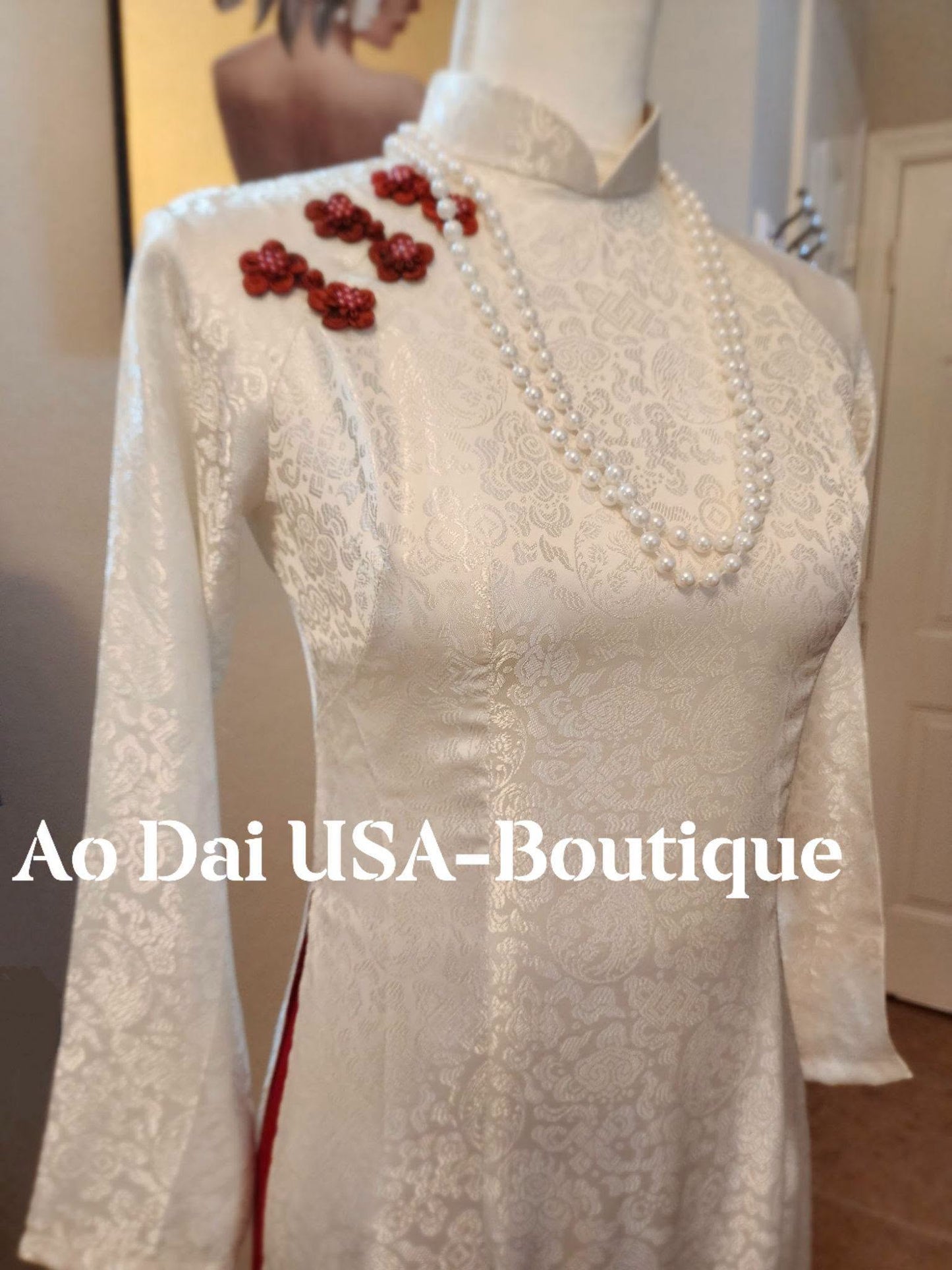 KIM TUYEN Set Ao Dai Gam White Color Come with Dark Red Pants/ B288