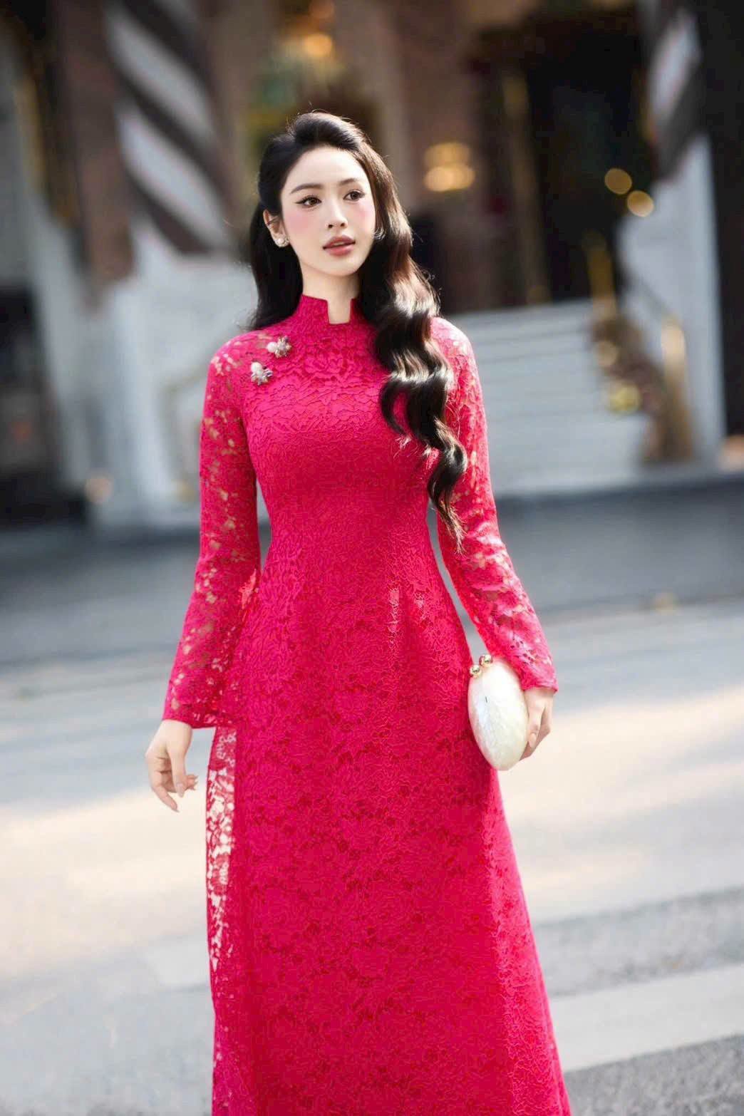 NHU YEN SEt Ao dai for women Lace Hot PInk Color - Traditional Vietnamese Long Dress -Lace Pants white inclued/TT253