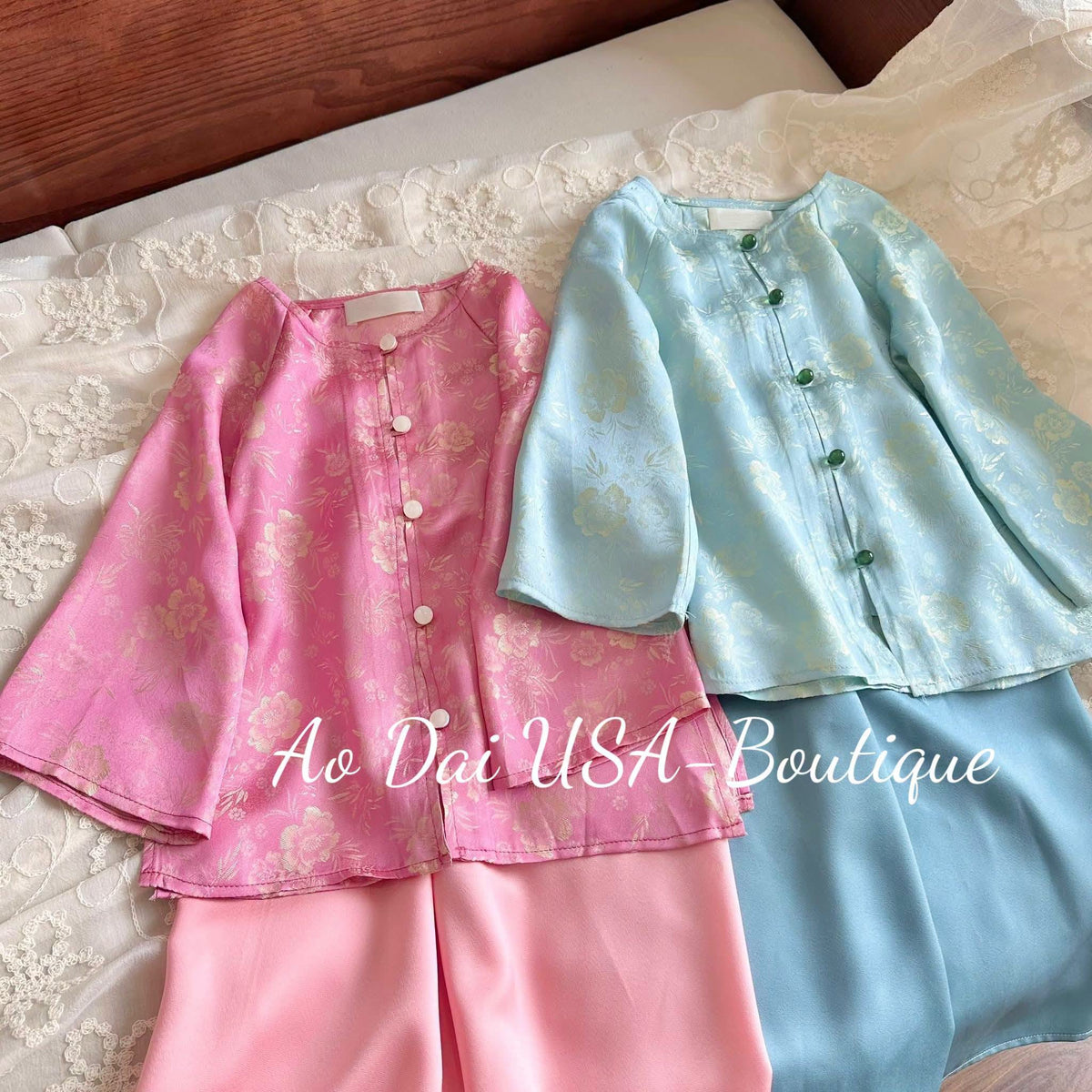 Girls Floral Ao Ba Ba Cach Tan (2 colors)/ Pink and Blue Colors with pants/Vietnamese Lunar New Year Outfit TT55