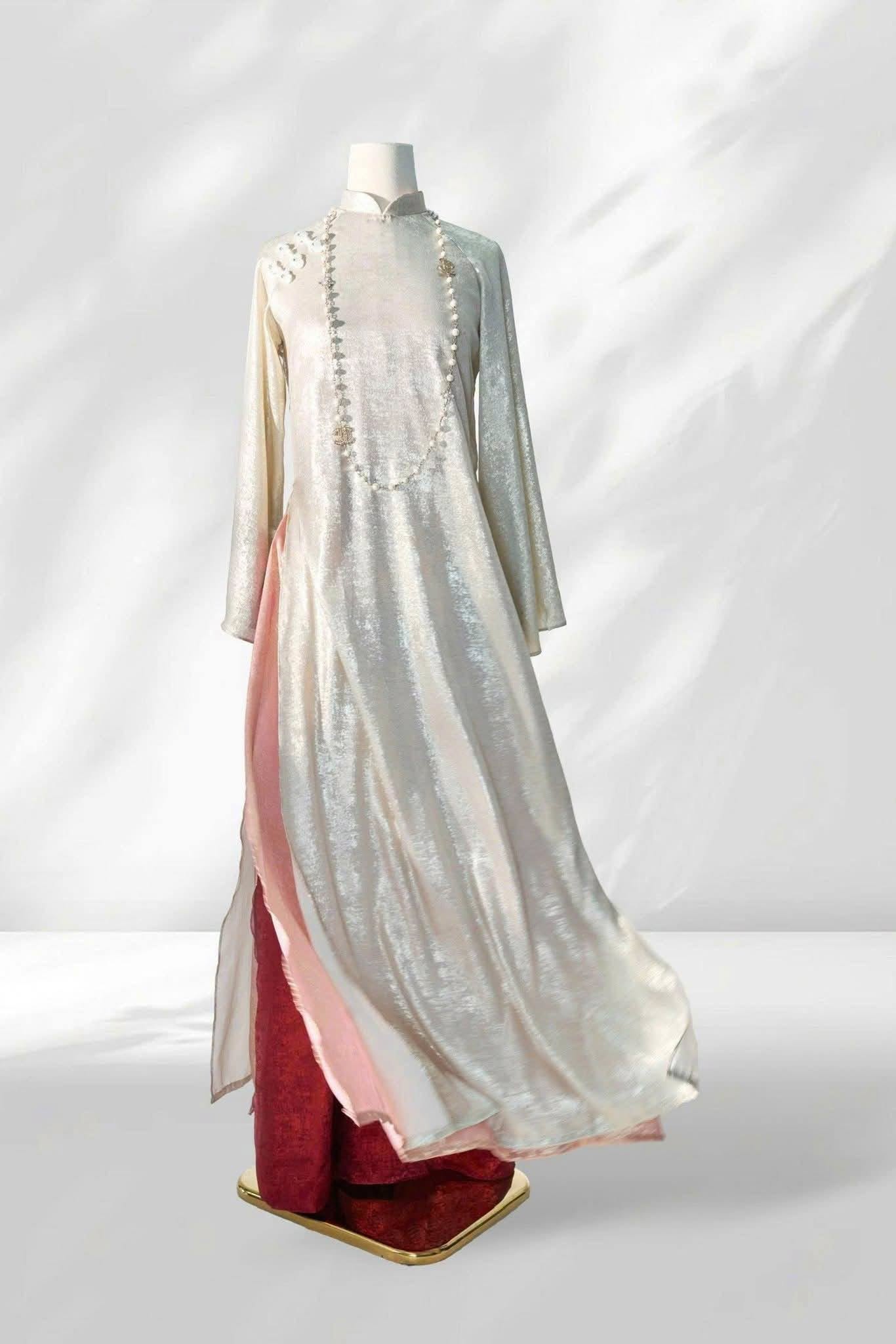 SAO HOA Set Ao Dai Silver Sheer Layered Ao Dai Set with Red Pants /Two-Layer Vietnamese Traditional Dress/Elegant Modern Áo Dài Outfit B275