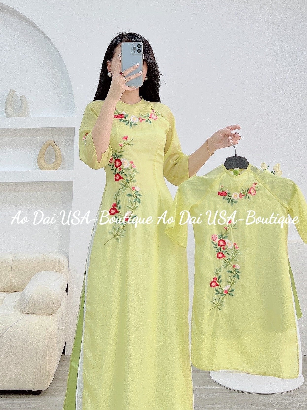 Set Ao Dai Cach Tan matching mom and girls- Pants included B106
