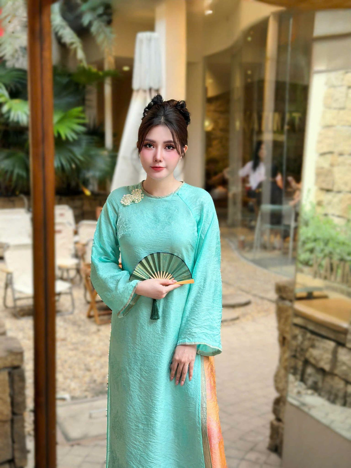 CHAU SA Set Ao Dai To Tam Tencel Design For Women Light Blue Color/ / pants included/CT19