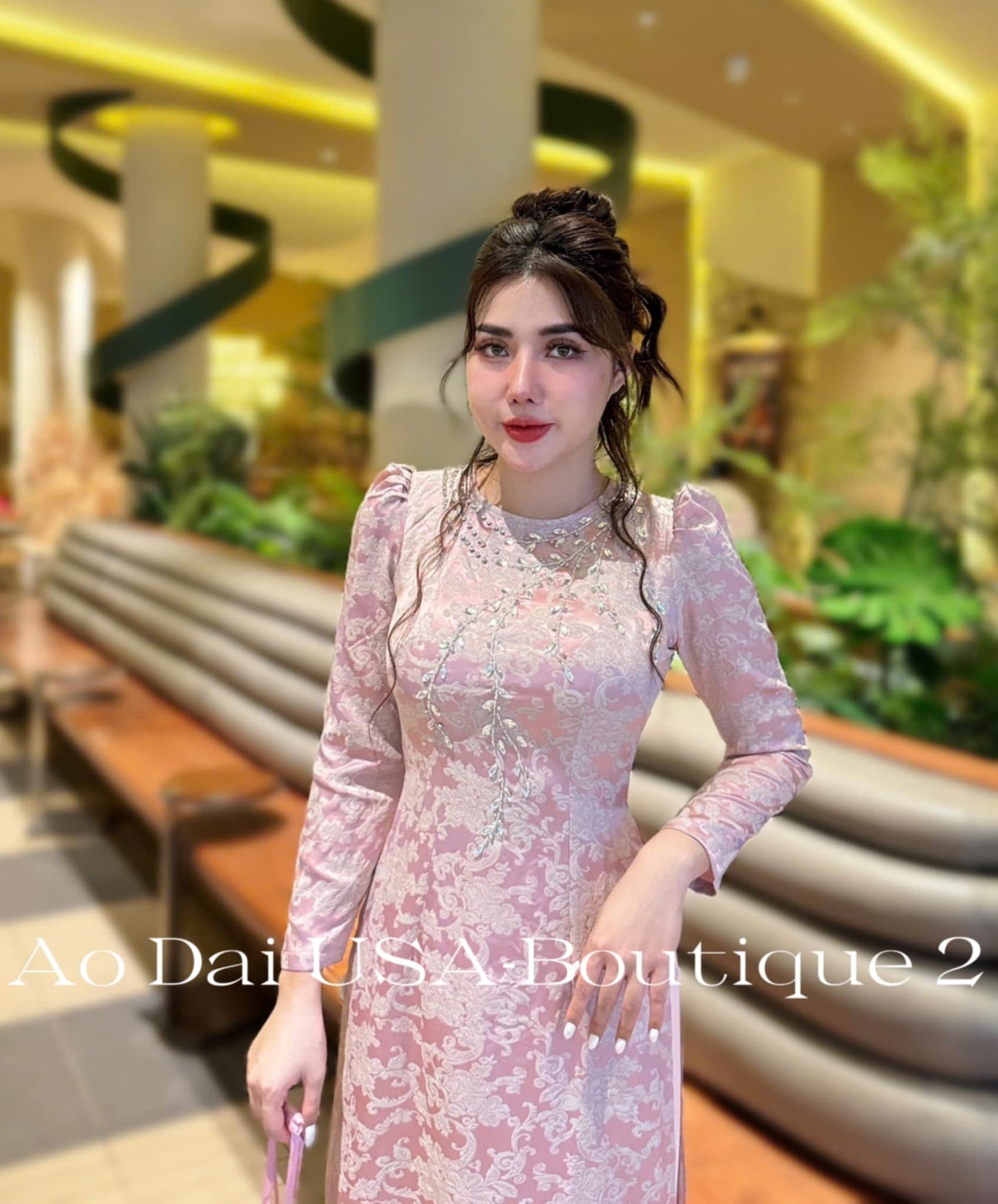 Top Only- Ao Dai Tơ Tam Thai Tuan Luxury Light Pink Color TT86