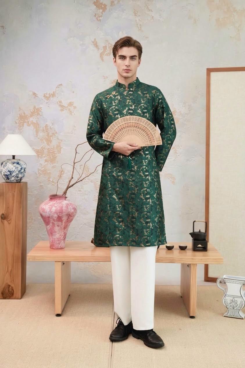 Mens Green Ao Dai: Vietnamese Lunar New Year Outfit/ W241