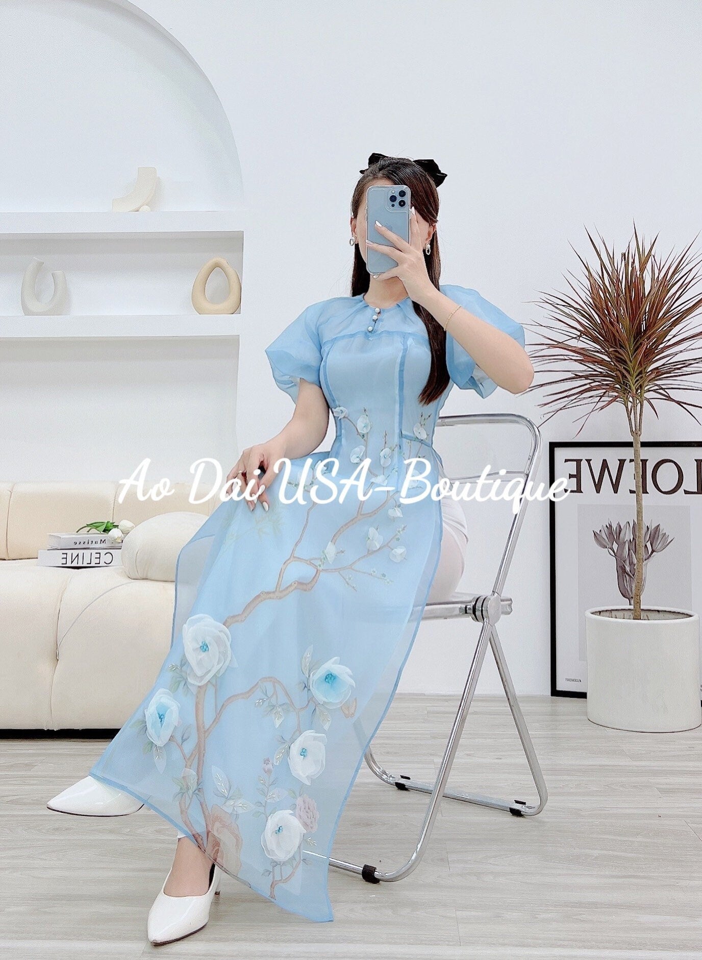 Ao dai cach tan Blue 4D flowers Ao dai - CT289