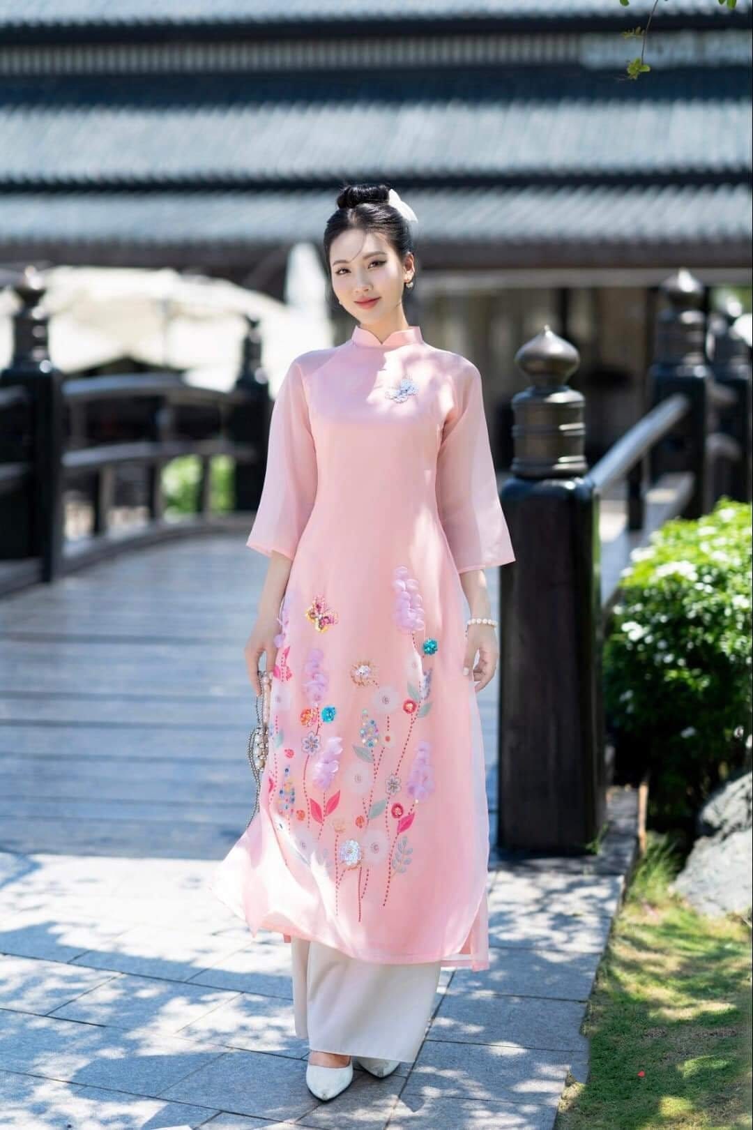 Ao Dai Cach Tan Flower Ribbon pink orange color-No pants-CT289