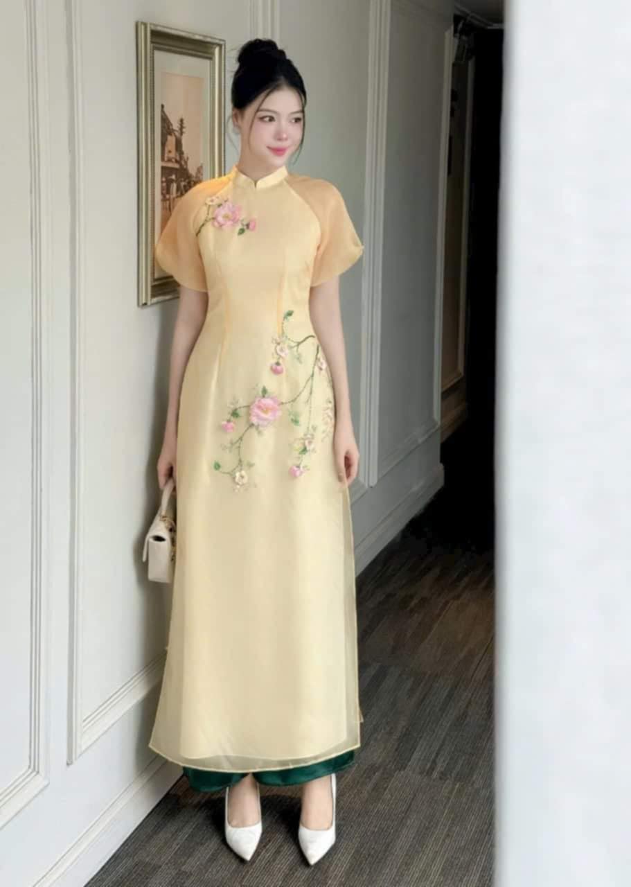 Set Ao Dai Light Yellow Color Mom and Daughter matching TT120