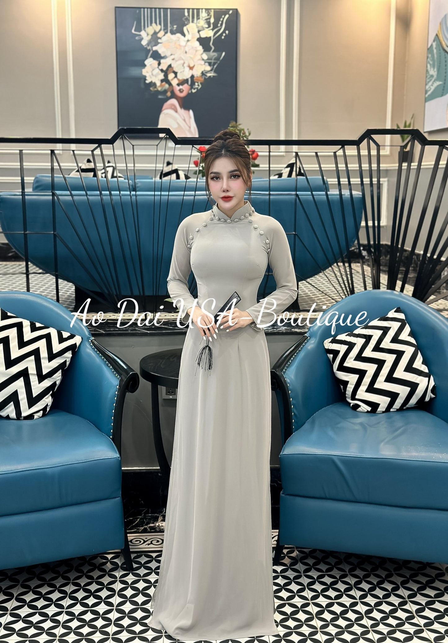 Set Ao Dai Chiffon Tron Gray Color TT116