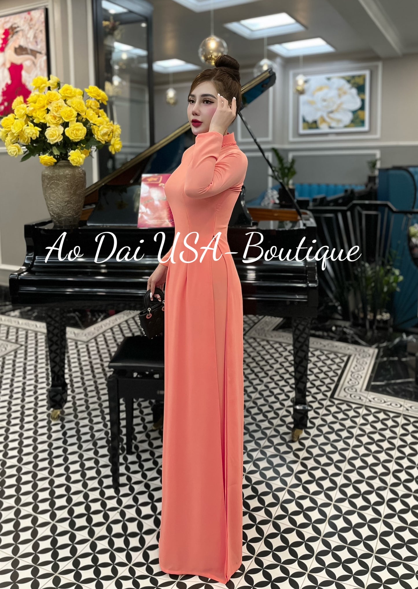 Set Ao Dai Chiffon Tron Organe Color B112