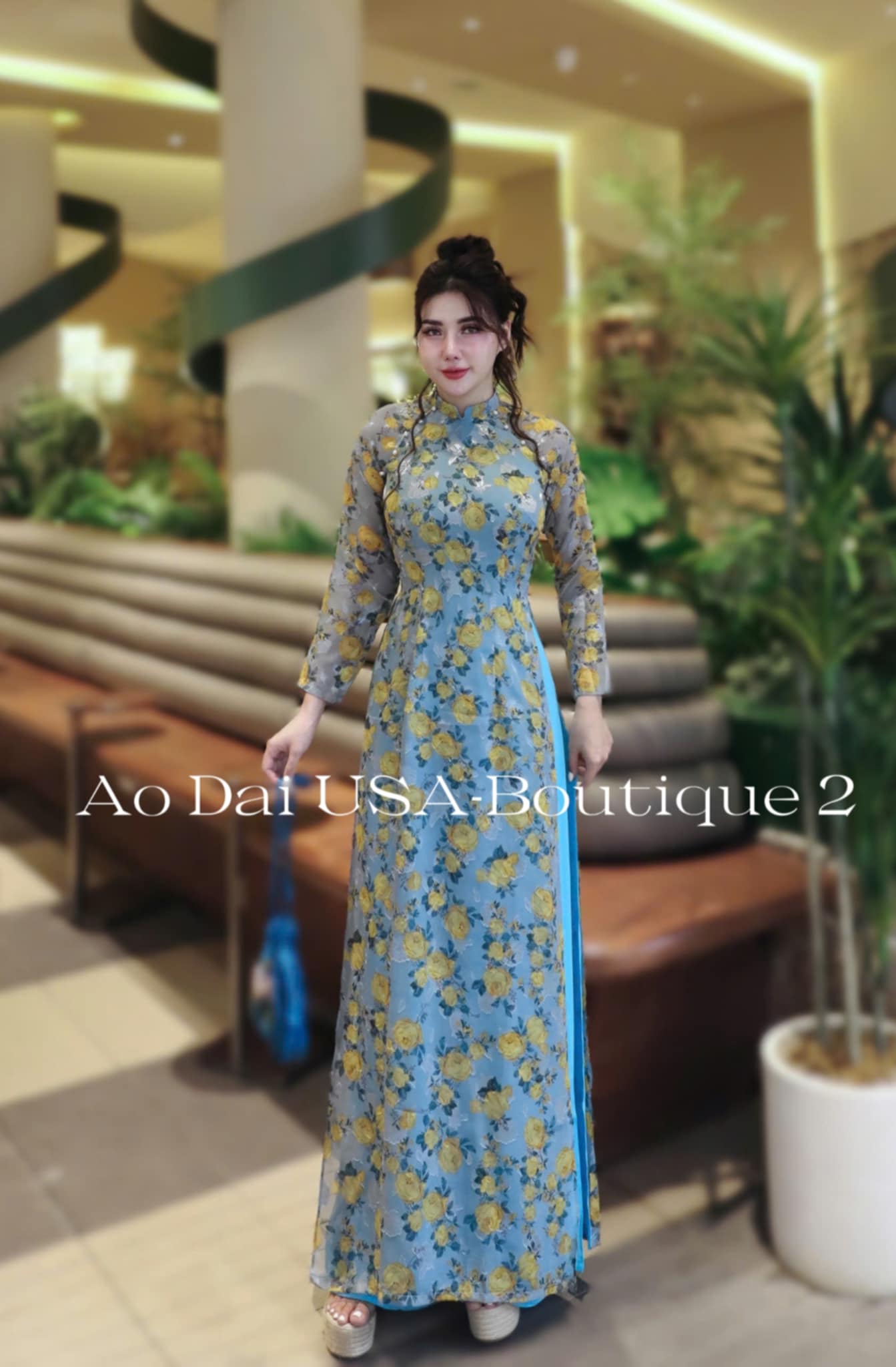 Set Ao Dai Tơ Blue Color CT226