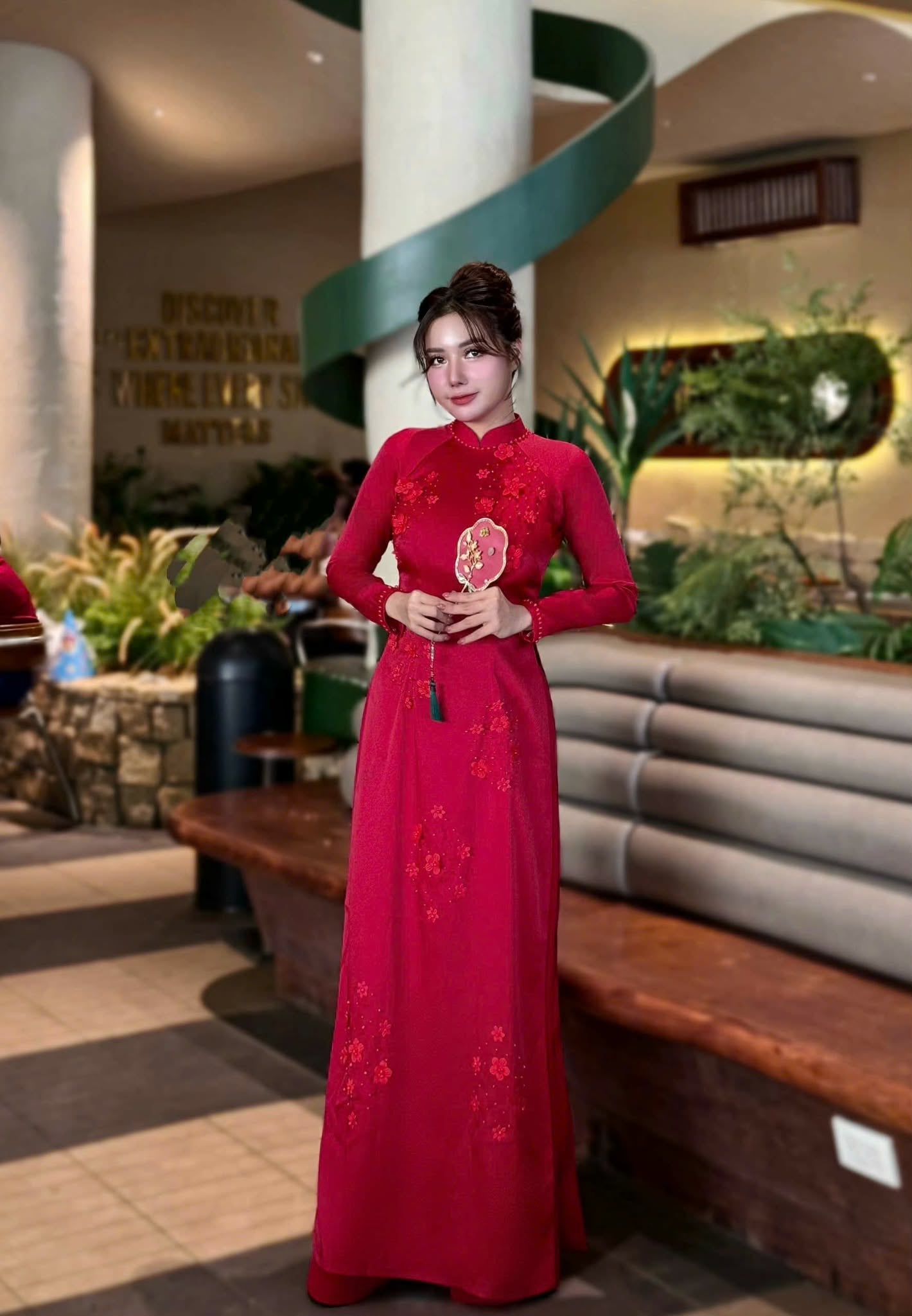 Set Ao Dai Lua Tô Châu Dark Red with Red Pants with Pants/ B250
