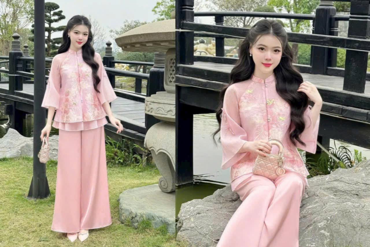Set Ao Ba Ba Pink/Pre-made Traditional Vietnamese Phap Phuc with Pants/ G349