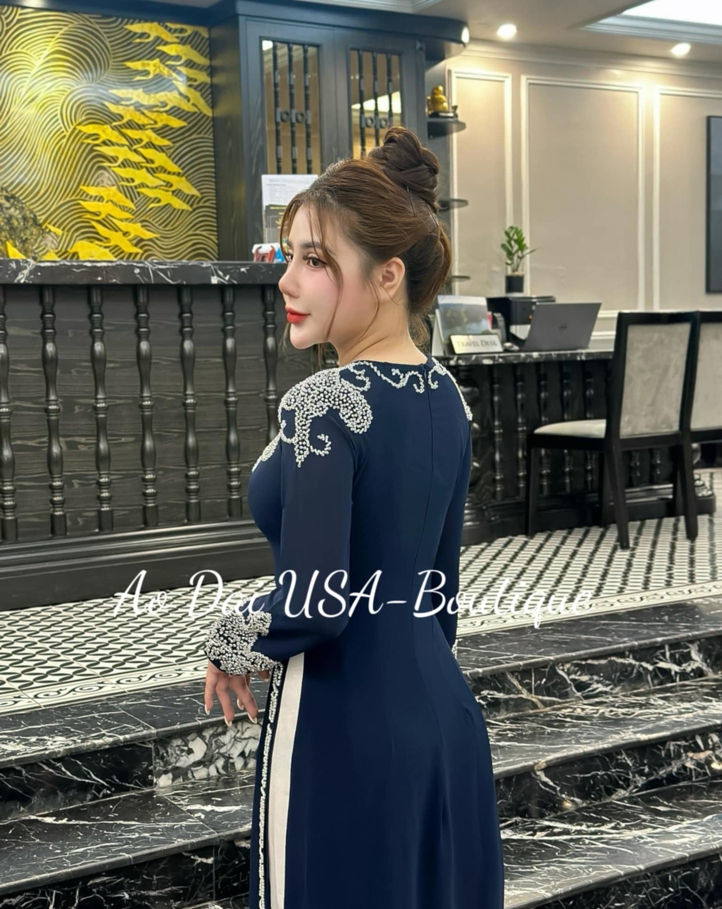 Ao Dai Chiffon Double Layers Design with Crystal TK 46