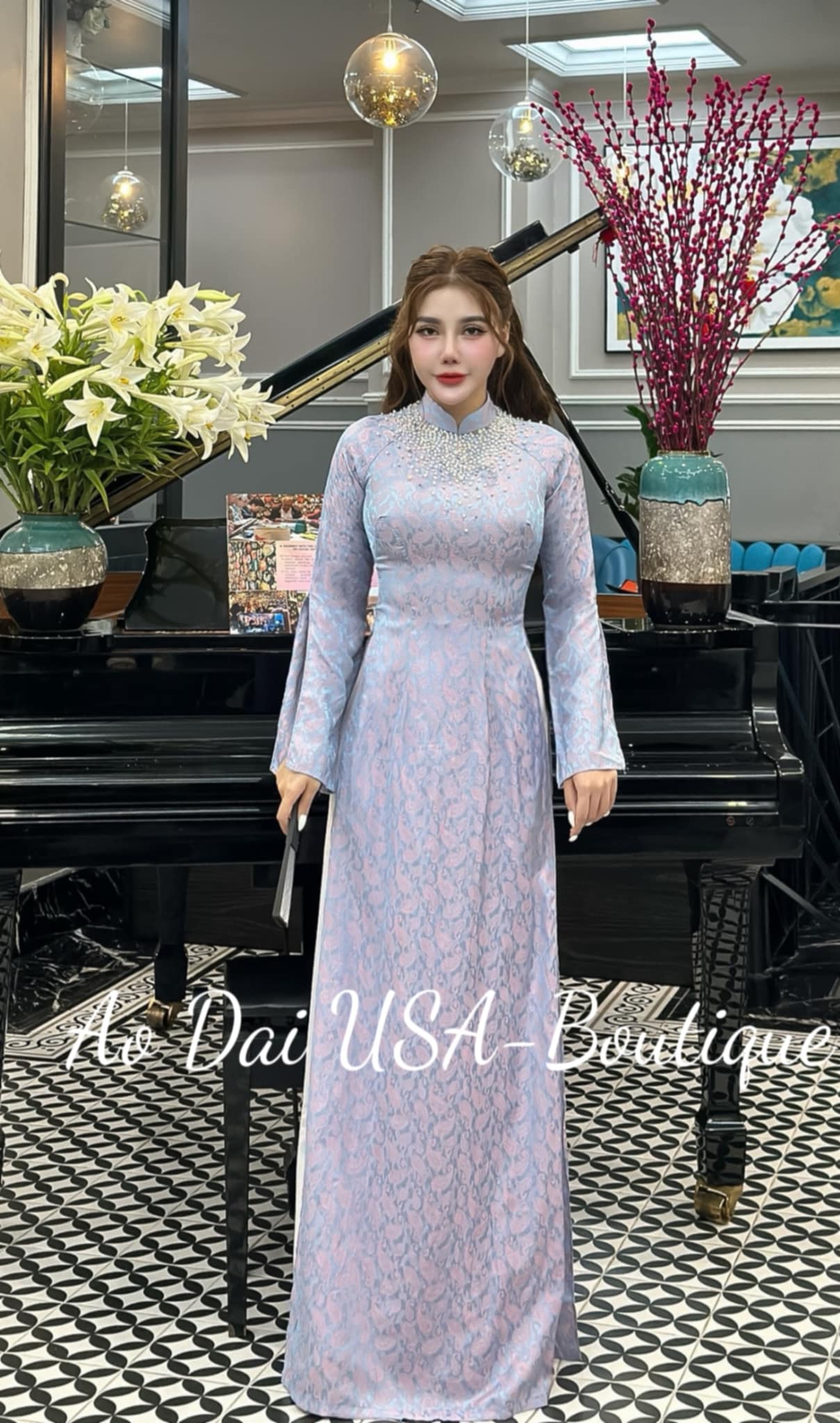 Ao Dai Lua Thai Tuan Light Blue color TT103