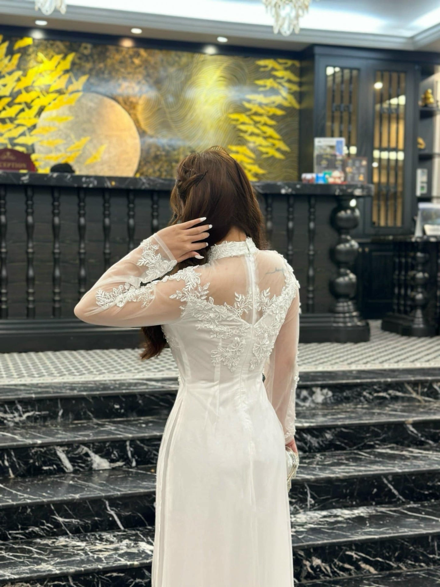 Set Ao Dai Chiffon Triple layers Design with Crystal B386